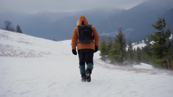 Hombre caminando a lo largo del camino en la cima de la colina cubierta de nieve. El hombre con una chaqueta amarilla camina en invierno caminando. vista desde atrás — Vídeo de stock