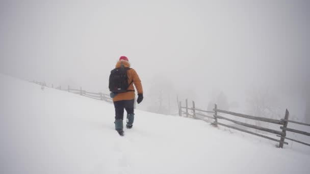 観光客は非常に重い雪と強い風になった。極端な気象条件 — ストック動画