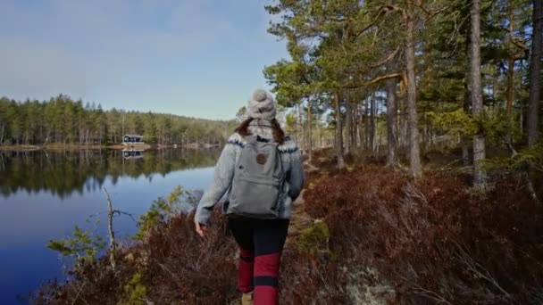 Γυναίκα πεζοπόρος με σακίδιο στη Νορβηγία. — Αρχείο Βίντεο