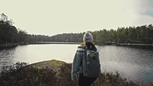 Turista mujer con una mochila cerca del río admirar la naturaleza — Vídeos de Stock