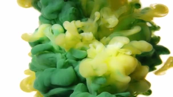 노랑 과 녹색 아크릴 페인트는 물 속에서 추상적 인 폭발을 일으킨다. 두 개의 잉크 색 이 액체에서 혼합되어 흰색 배경에 분리 된다. 느린 동작 4K — 비디오