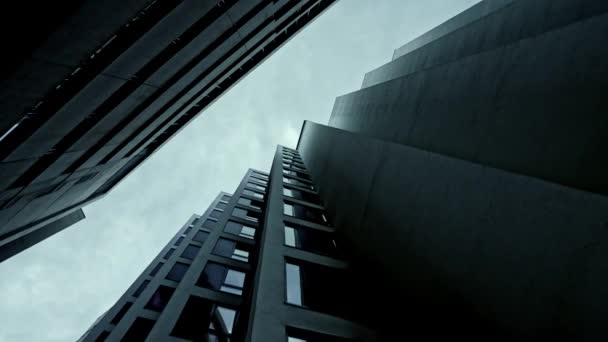 Abstrakta Och Komplexa Blå Skyskrapa Struktur Downtown Montreal Med Himlen — Stockvideo