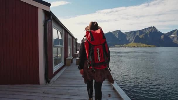 Schöne Junge Reisende Gehen Zum Hölzernen Pier Auf Dem Hintergrund — Stockvideo