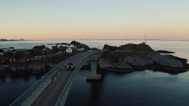 Aerial View Car Crossing Bridge Sunny Reinefjorden Lofoten Norway Reverse — Stock Video