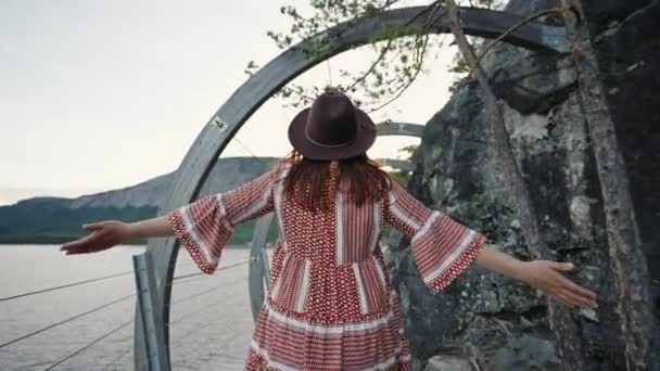 Woman Hat Walks Her Hands Wooden Bridge Novegia — Stock Video