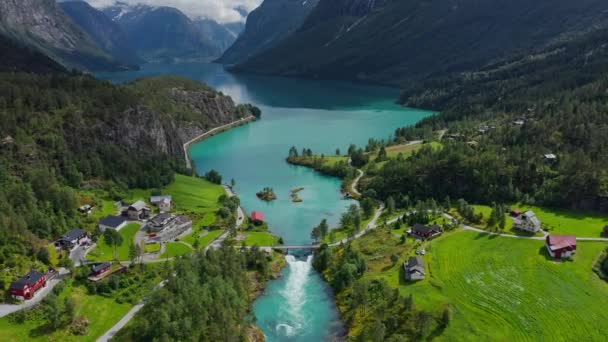 Krásná Příroda Norsko Přírodní Krajina Letecké Záběry Lovatnet Lake — Stock video