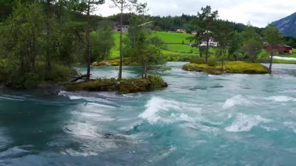 Strynská Vesnice Jezero Drone Norsko — Stock video