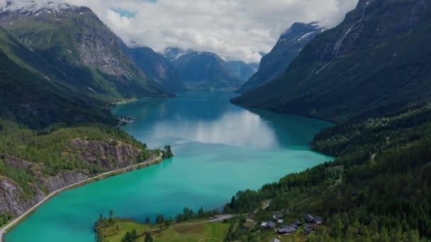 Bela Natureza Noruega Paisagem Natural Filmagem Aérea Lovatnet Lago — Vídeo de Stock