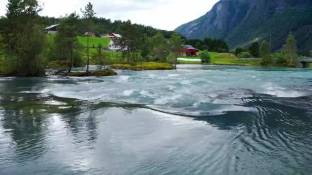 Stryn Pueblo Lago Drone Noruega — Vídeos de Stock