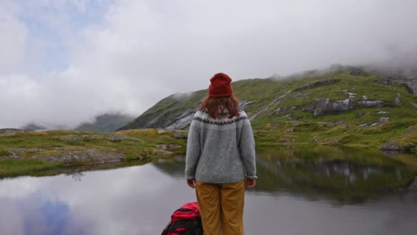 帽子を被ったセーターの女性はリュックを背負ったまま自然観光を見ています — ストック動画