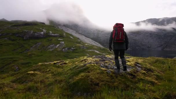 Joven Parado Famoso Acantilado Disfrutando Una Vista Panorámica Sobre Valle — Vídeo de stock