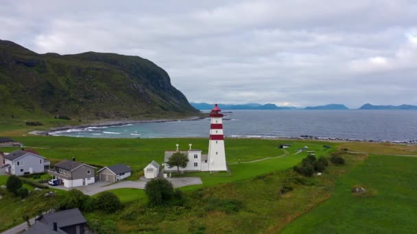 Flying Iconic Alnes Lighthouse Summer Day Aerial Orbit — Stock Video