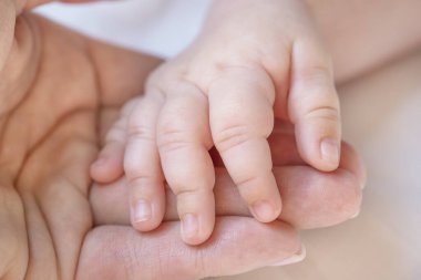 Annenin elinde bebeğin eli var. Annem yeni doğmuş bir bebeğin elini tutuyor. Bakım kavramı