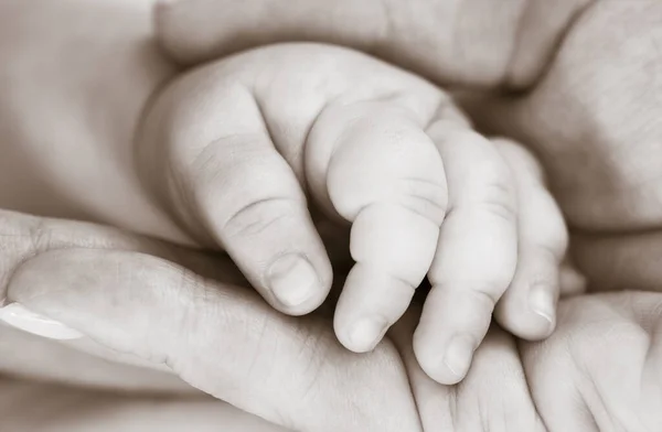 Mom Holds Hand Newborn Child Love Care Concept Black White — Stock Photo, Image