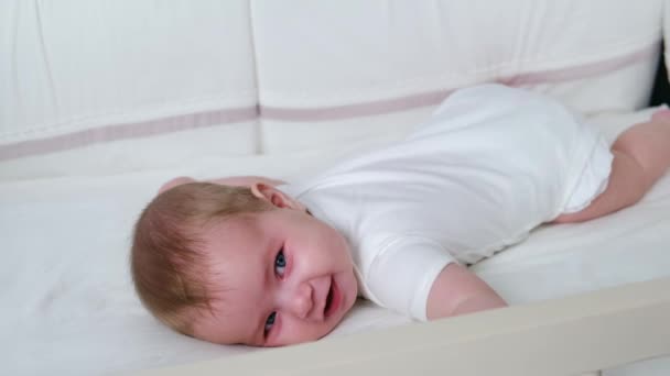 Infant Baby Laying Bed Smiling — Stock Video