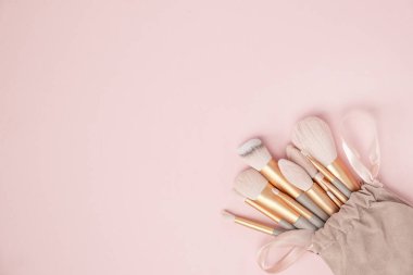 Pembe arka planda profesyonel makyaj fırçaları. Üst görünüm, alanı kopyala