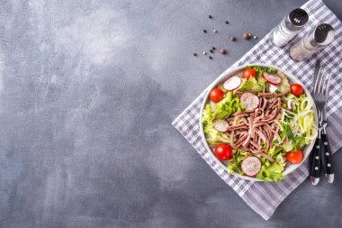 Biftek ve sebzeli lezzetli bir salata. Üst görünüm, alanı kopyala