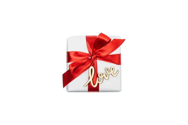 Gift Box Red Ribbon Isolated White Top View — Stock Photo, Image
