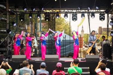 Toronto, Canada - 08 19 2018: Traditional Chinese dance performers on the main stage of the 18th Toronto Chinatown Festival