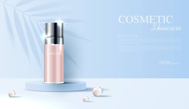 Kozmetik ürünleri ya da şişeli cilt bakım ürünleri reklamları, güzellik ürünleri için afişler, yapraklar ve parlak arka plan efektleri. vektör tasarımı.