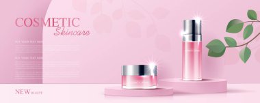 Kozmetik ürünleri ya da şişeli cilt bakım ürünleri reklamları, güzellik ürünleri için afişler ve ışıltılı arka plan efektleri. vektör tasarımı.