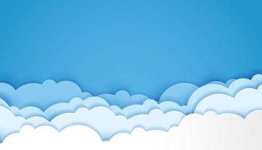 Güzel pofuduk mavi bulutlar kağıt sanat tarzını kesiyor. Mesaj için yer. vektör tasarımı.