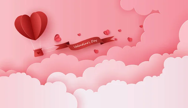 Papier Kunst Van Liefde Valentijnsdag Met Papieren Hart Ballon Geschenkdoos — Stockvector