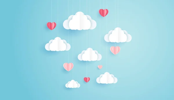 Paperitaidetta Rakkauden Ystävänpäivä Paperi Sydän Pilvi Kellua Sinisellä Taivaalla Voidaan — vektorikuva