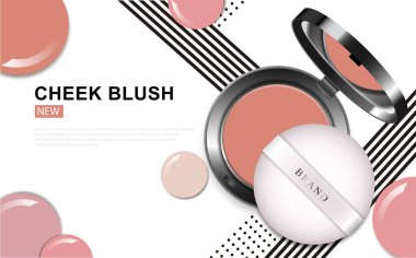 Modern yanak kızarması veya makyaj tozu reklamları, paket arkaplan illüstrasyon vektör tasarımı