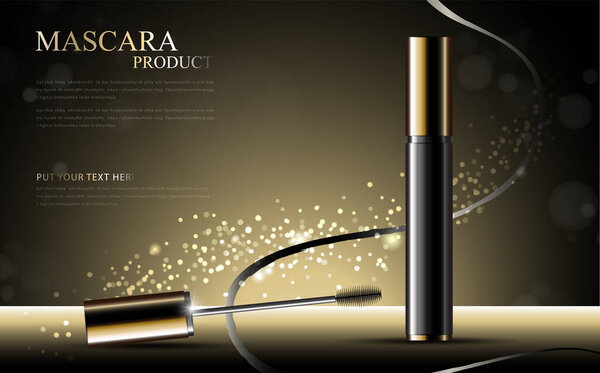 Luxury mascara ads, black and golden package with streamline background illustration vector design