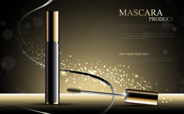Luxury mascara ads, black and golden package with streamline background illustration vector design
