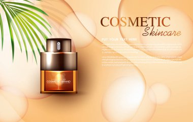 Kozmetik C vitamini ya da şişeli cilt bakımı ürünleri reklamları güzellik ürünleri için afişler ve arka planda parlayan ışık efektleri. vektör tasarımı.