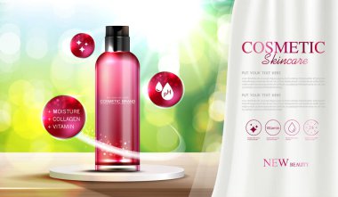 Kozmetik ürünleri ya da şişeli cilt bakım ürünleri reklamları, güzellik ürünleri için afişler, pencerenin önünde ahşap yüzey ve doğal ürün sergisi için perde. vektör tasarımı.