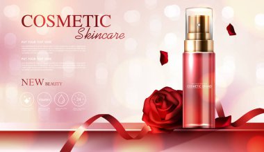 Kozmetik özü ya da cilt bakımı ürünü ya da losyon şişesi, güzellik ürünleri için afiş, kurdele ve gül yaprakları zarif arka planda ve ışıltılı ışık efekti. vektör tasarımı.