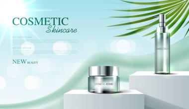 Kozmetik özü ya da şişeli cilt bakım ürünü reklamları, yumuşak yeşil şifonlu güzellik ürünleri için afişler ve arka planda ışıldayan ışık efektleriyle yapraklar. vektör tasarımı.