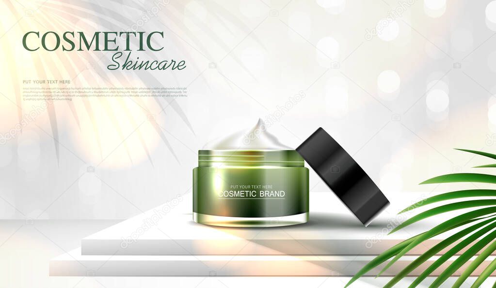 Refreshing green tea cosmetics or skin care product ads with bottle, banner ad for beauty products, leaves on background glittering light effect. vector design.