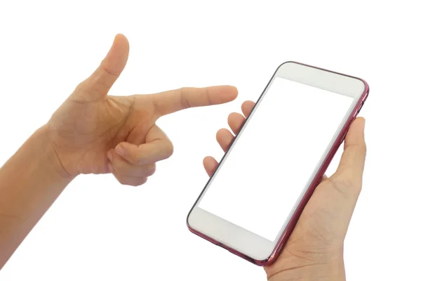 Mulher Homem Mão Segura Smartphone Com Tela Branca Fundo Branco — Fotografia de Stock