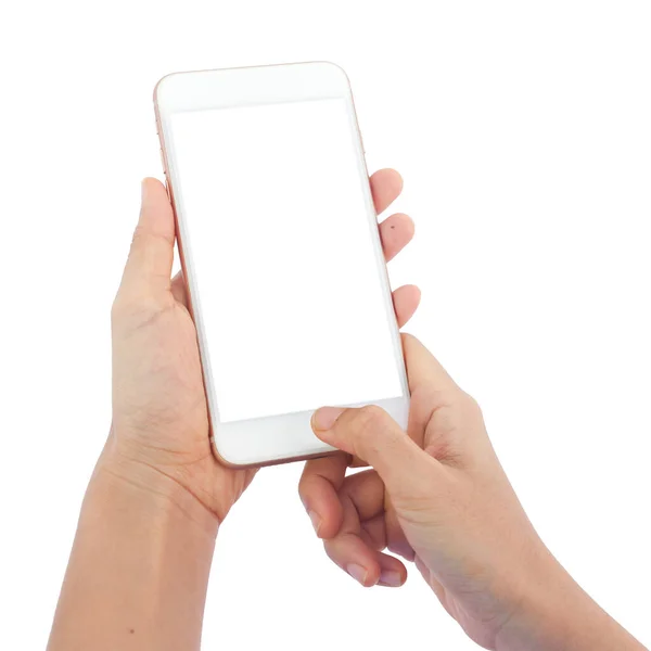 Woman Man Hand Holds Smartphone White Screen White Background Blank — Stockfoto