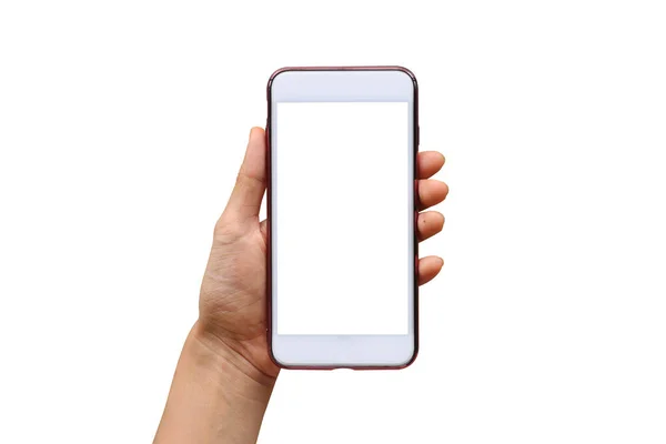 Donna Uomo Mano Tiene Smartphone Con Schermo Bianco Sfondo Bianco — Foto Stock
