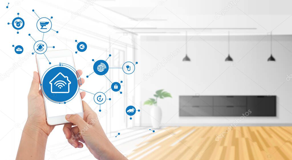 Hand of woman or man holding smartphone in house with icons in modern life internet of things, smart home technology. concept of automation. the new innovation of the future in living room.