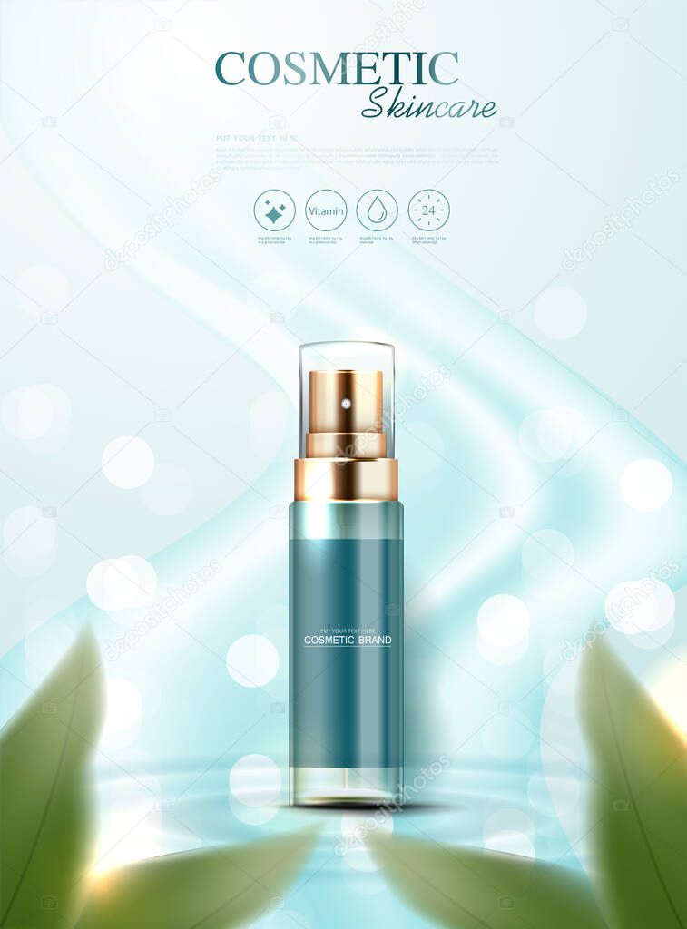 Cosmetic essence or skin care  product ads with bottle, banner ad for beauty products with soft green chiffon and leaves on background glittering light effect. vector design.