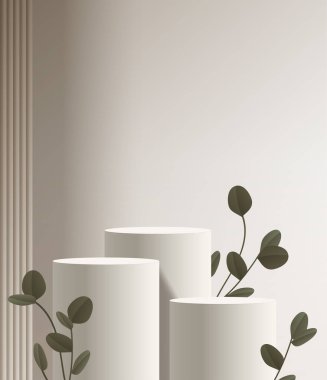 Ürün sunumu, markalaşma ve paketleme sunumu için kozmetik arka plan ve premium podyum görüntüsü. Stüdyo sahnesinin arka planında yaprak var. vektör tasarımı.