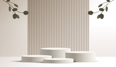 Ürün sunumu, markalaşma ve paketleme sunumu için kozmetik arka plan ve premium podyum görüntüsü. Stüdyo sahnesinin arka planında yaprak var. vektör tasarımı.