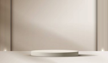 Ürün sunumu, markalaşma ve paketleme sunumu için kozmetik açık kahverengi arkaplan ve premium podyum. Arka planda gölgesi olan stüdyo sahnesi. vektör tasarımı.