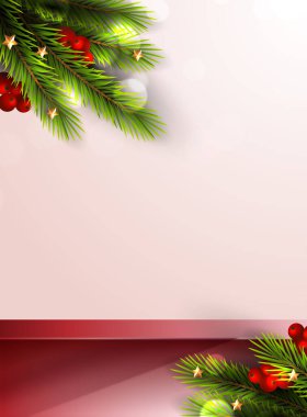 Mutlu Noeller, kozmetik ürünleri sergilemek için geometri podyumu şeklidir. Sahne kaidesi ya da platformu. Kış Noel kırmızı arka planda ve promosyon için ağaç Noel 'i var. vektör tasarımı.