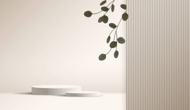 Ürün sunumu, markalaşma ve paketleme sunumu için kozmetik arka plan ve premium podyum görüntüsü. Stüdyo sahnesinin arka planında yaprak var. vektör tasarımı.