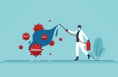 Savunma ve Omicron virüsünü kazanmak için mücadele et ve dezenfekte et, virüsü temizle ve öldür patojen salgının yayılmasını önle, koruyucu teçhizatlı işçi kimyasalları dezenfekte etmek için dezenfekte et..