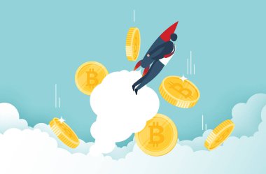 Bitcoin hızla yükseliyor ve bitcoin 'in büyüme hızını arttırıyor. Sırt roketi gökyüzünde bitcoin ile yukarı doğru uçuyor. Kripto para birimi fiyatı ve değer artışı konsepti. vektör tasarımı.