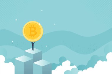 Bitcoin işi - İşadamı yükselen grafiğin önünde Bitcoin tutuyor. Bitcoin hisse büyümesi. Çizelgeye göre bitcoin fiyatlarında güçlü bir artış var. vektör tasarımı.