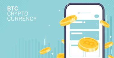 Sistem kripto para cüzdanı üzerinden cep telefonundaki bitcoin (BTC) ile akıllı telefondan ileri teknoloji ile akıllı telefondan çıkan bozuk paraların ticaretini yapın. Vektör tasarımı.